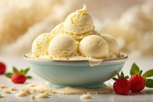 vainilla hielo crema con Almendras en un cuenco en un blanco antecedentes. ai generativo foto