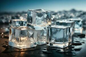 Ice cubes on frozen lake with blue sky and white clouds in background. AI Generative photo