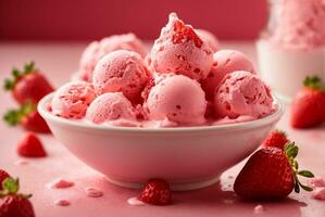 Strawberry ice cream in a glass with fresh strawberries on pink background. AI Generative photo
