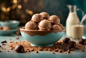 Chocolate ice cream balls in bowl with cocoa powder and candies. AI Generative photo