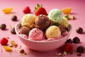 Mixed ice cream scoops in bowl with fresh fruits, berries and chocolate candies. AI Generative photo