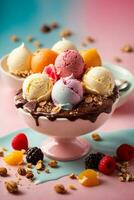 Mixed ice cream scoops in bowl with fresh fruits, berries and chocolate candies. AI Generative photo