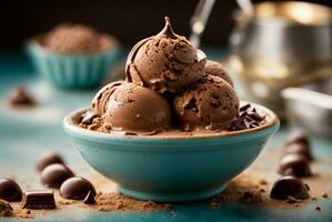 Chocolate ice cream balls in bowl with cocoa powder and candies. AI Generative photo