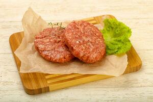 Raw cutlet over wooden background photo