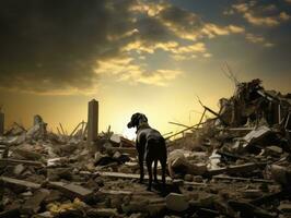 Skilled search and rescue dog working diligently in a disaster area AI Generative photo