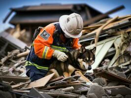 experto buscar y rescate perro trabajando diligentemente en un desastre zona ai generativo foto