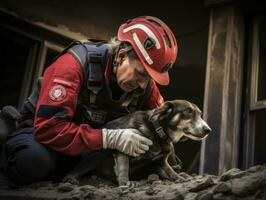 Skilled search and rescue dog working diligently in a disaster area AI Generative photo
