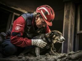 experto buscar y rescate perro trabajando diligentemente en un desastre zona ai generativo foto