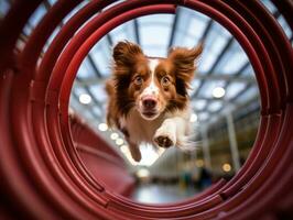 enérgico perro carreras mediante un agilidad curso ai generativo foto