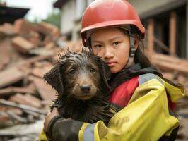 Skilled search and rescue dog working diligently in a disaster area AI Generative photo