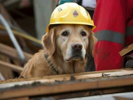 Skilled search and rescue dog working diligently in a disaster area AI Generative photo