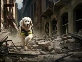 Skilled search and rescue dog working diligently in a disaster area AI Generative photo