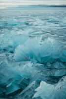 Ice of Lake Baikal, the deepest and largest freshwater lake by volume in the world. AI Generative photo