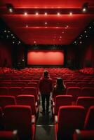 Cinema auditorium with red seats and projector screen. Back view of unrecognizable people sitting in cinema hall. AI Generative photo