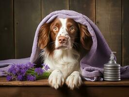 Serene dog enjoying a massage at a pet spa AI Generative photo