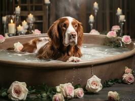 sereno perro disfrutando un masaje a un mascota spa ai generativo foto