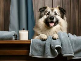 sereno perro disfrutando un masaje a un mascota spa ai generativo foto