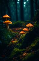 Magical Fantasy Reveal the hidden world of mysterious neon light mushrooms through macro photography. photo