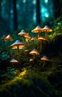 Magical Fantasy Reveal the hidden world of mysterious neon light mushrooms through macro photography. photo