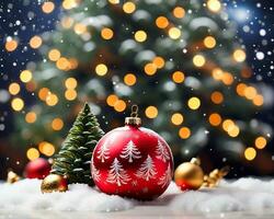 Christmas Tree With Ornament And Bokeh Lights Background photo