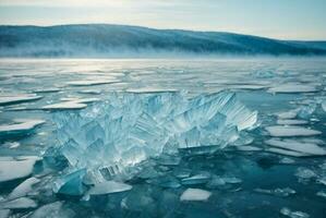 Ice of Lake Baikal, the deepest and largest freshwater lake by volume in the world. AI Generative photo