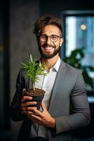 A casual man stands holding a green plant in a small pot. An entrepreneurial employee is happy with a growing plant. Startup projects, profits, investments and growth ideas. Ai Generative photo