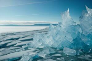 Ice of Lake Baikal, the deepest and largest freshwater lake by volume in the world. AI Generative photo