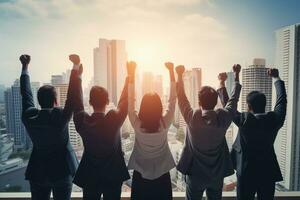 negocio personas celebracion éxito trabajo en equipo unión paisaje urbano empresario concepto, ai generativo foto