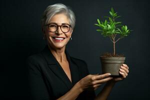 A casual woman stands holding a green plant in a small pot. An entrepreneurial employee is happy with a growing plant. Startup projects, profits, investments and growth ideas. Ai Generative photo