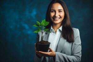 un casual mujer soportes participación un verde planta en un pequeño maceta. un de emprendedor empleado es contento con un creciente planta. puesta en marcha proyectos, ganancias, inversiones y crecimiento ideas ai generativo foto