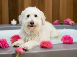 Serene dog enjoying a massage at a pet spa AI Generative photo