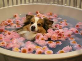 sereno perro disfrutando un masaje a un mascota spa ai generativo foto