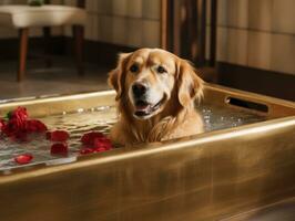 sereno perro disfrutando un masaje a un mascota spa ai generativo foto