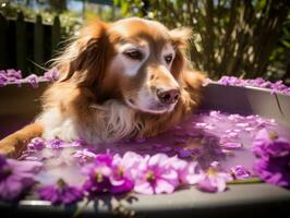 Serene dog enjoying a massage at a pet spa AI Generative photo