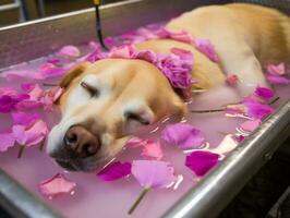 sereno perro disfrutando un masaje a un mascota spa ai generativo foto