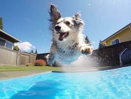 mojado y alegre perro saltando dentro un piscina en un caliente verano día ai generativo foto