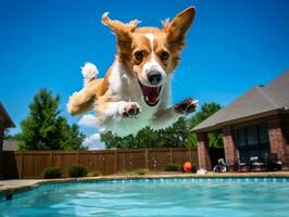 Wet and joyful dog leaping into a pool on a hot summer day AI Generative photo