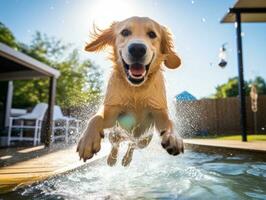 mojado y alegre perro saltando dentro un piscina en un caliente verano día ai generativo foto