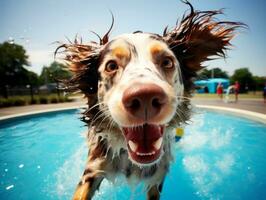 mojado y alegre perro saltando dentro un piscina en un caliente verano día ai generativo foto