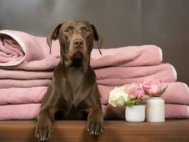 sereno perro disfrutando un masaje a un mascota spa ai generativo foto