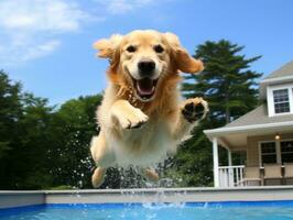 mojado y alegre perro saltando dentro un piscina en un caliente verano día ai generativo foto