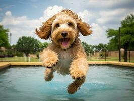 mojado y alegre perro saltando dentro un piscina en un caliente verano día ai generativo foto