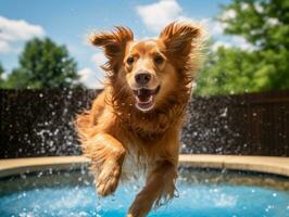 mojado y alegre perro saltando dentro un piscina en un caliente verano día ai generativo foto