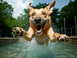 mojado y alegre perro saltando dentro un piscina en un caliente verano día ai generativo foto