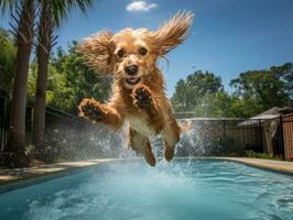 mojado y alegre perro saltando dentro un piscina en un caliente verano día ai generativo foto