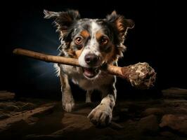 Trusty dog with a stick in its mouth ready for a game of fetch AI Generative photo