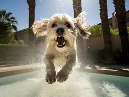 Wet and joyful dog leaping into a pool on a hot summer day AI Generative photo