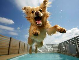 Wet and joyful dog leaping into a pool on a hot summer day AI Generative photo