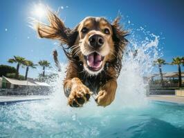 Wet and joyful dog leaping into a pool on a hot summer day AI Generative photo