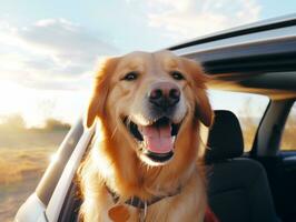 Happy dog riding in a car with its head out the window AI Generative photo